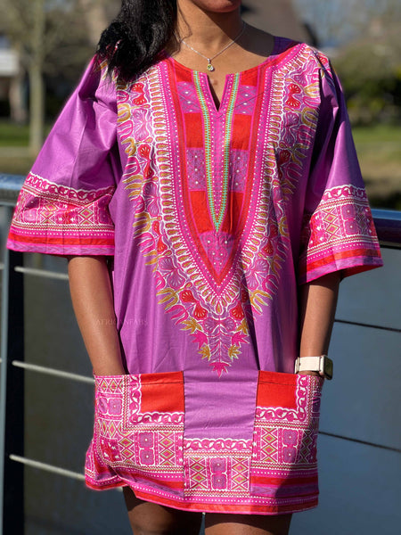 Dashiki Shirt / Dashiki Kleid - Lila / Rot - Afrikanisches Top - Unisex - Vlisco