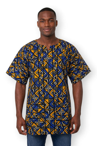 Dashiki Shirt / Dashiki Kleid - Blau Bogolan Geometry - Afrikanisches Top - Unisex
