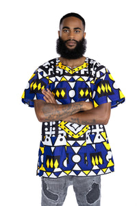 Dashiki Shirt / Dashiki Kleid - Blau Gelb Samakaka - Afrikanisches Top - Unisex