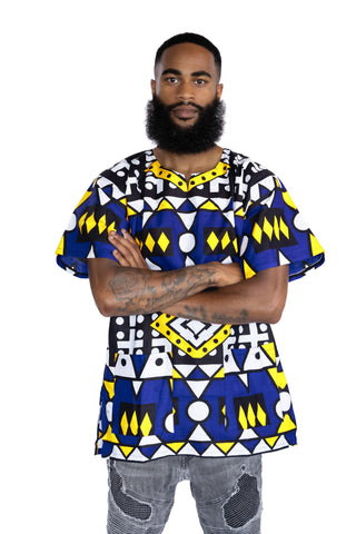 Dashiki Shirt / Dashiki Kleid - Blau Gelb Samakaka - Afrikanisches Top - Unisex