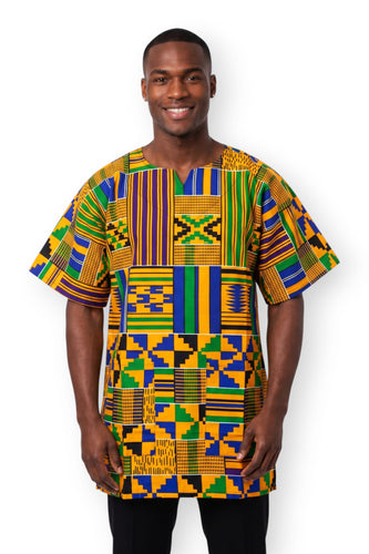 Dashiki Shirt / Dashiki Kleid - Gelb Blau Kente Blocks - Afrikanisches Top - Unisex