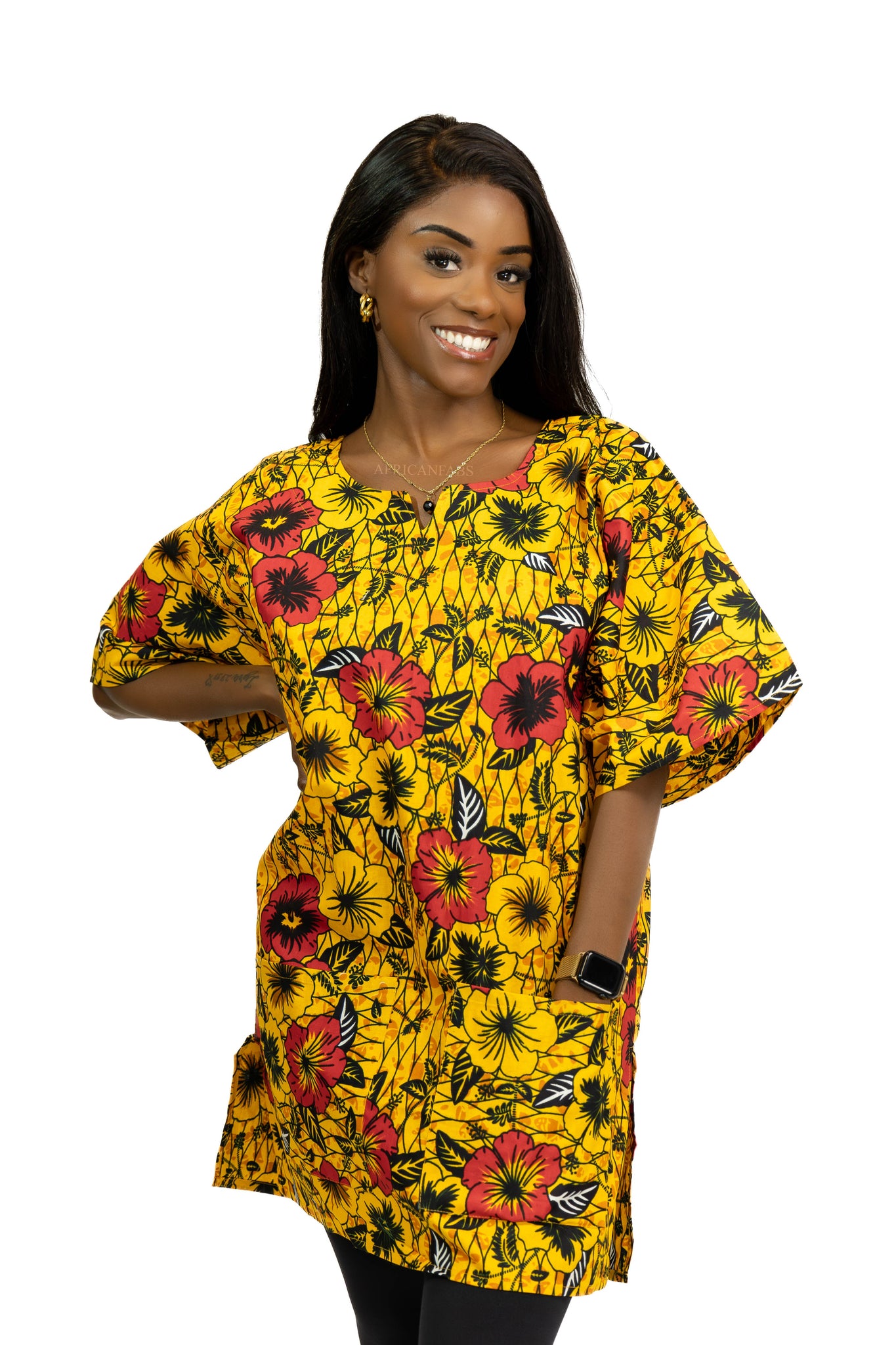 Dashiki Shirt / Dashiki Kleid - Gelb Flowers - Afrikanisches Top - Unisex