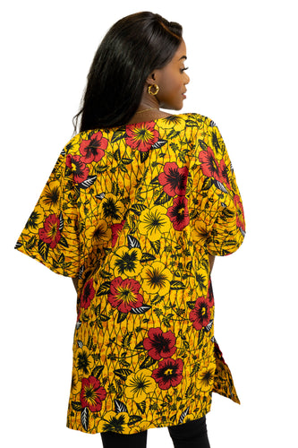 Dashiki Shirt / Dashiki Kleid - Gelb Flowers - Afrikanisches Top - Unisex