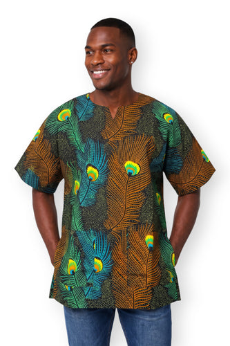 Dashiki Shirt / Dashiki Kleid - Braun Petrol Peacock Feather - Afrikanisches Top - Unisex