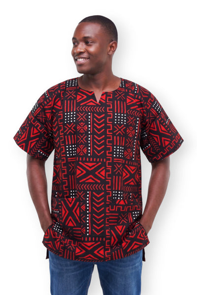 Dashiki Shirt / Dashiki Kleid - Rot Schwarz Bogolan Symbols - Afrikanisches Top - Unisex