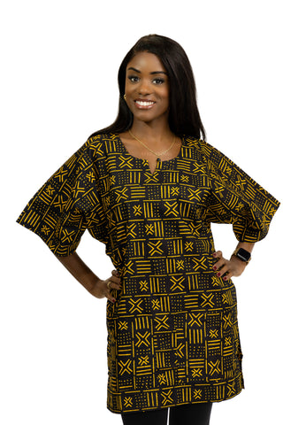 Dashiki Shirt / Dashiki Kleid - Schwarz / Gelb X Bogolan - Afrikanisches Top - Unisex