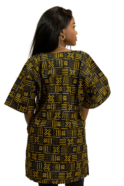 Dashiki Shirt / Dashiki Kleid - Schwarz / Gelb X Bogolan - Afrikanisches Top - Unisex