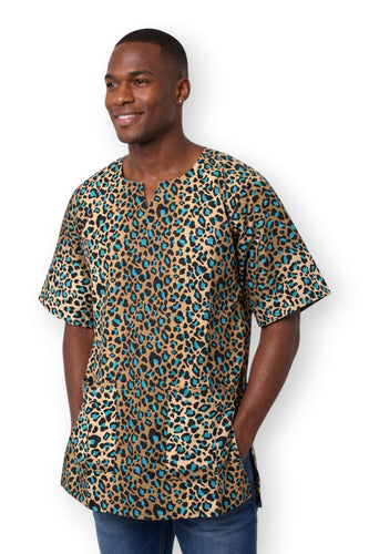 Dashiki Shirt / Dashiki Kleid - Beige Türkis Leopard Spots - Afrikanisches Top - Unisex