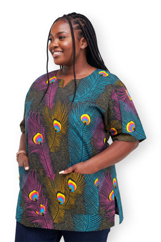 Dashiki Shirt / Dashiki Kleid - Rosa Blau Peacock Feather - Afrikanisches Top - Unisex
