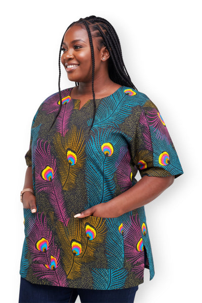 Dashiki Shirt / Dashiki Kleid - Rosa Blau Peacock Feather - Afrikanisches Top - Unisex