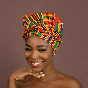 Easy headwrap / einfaches Kopftuch - Satinfutter - Kente Orange / Blau / Rot