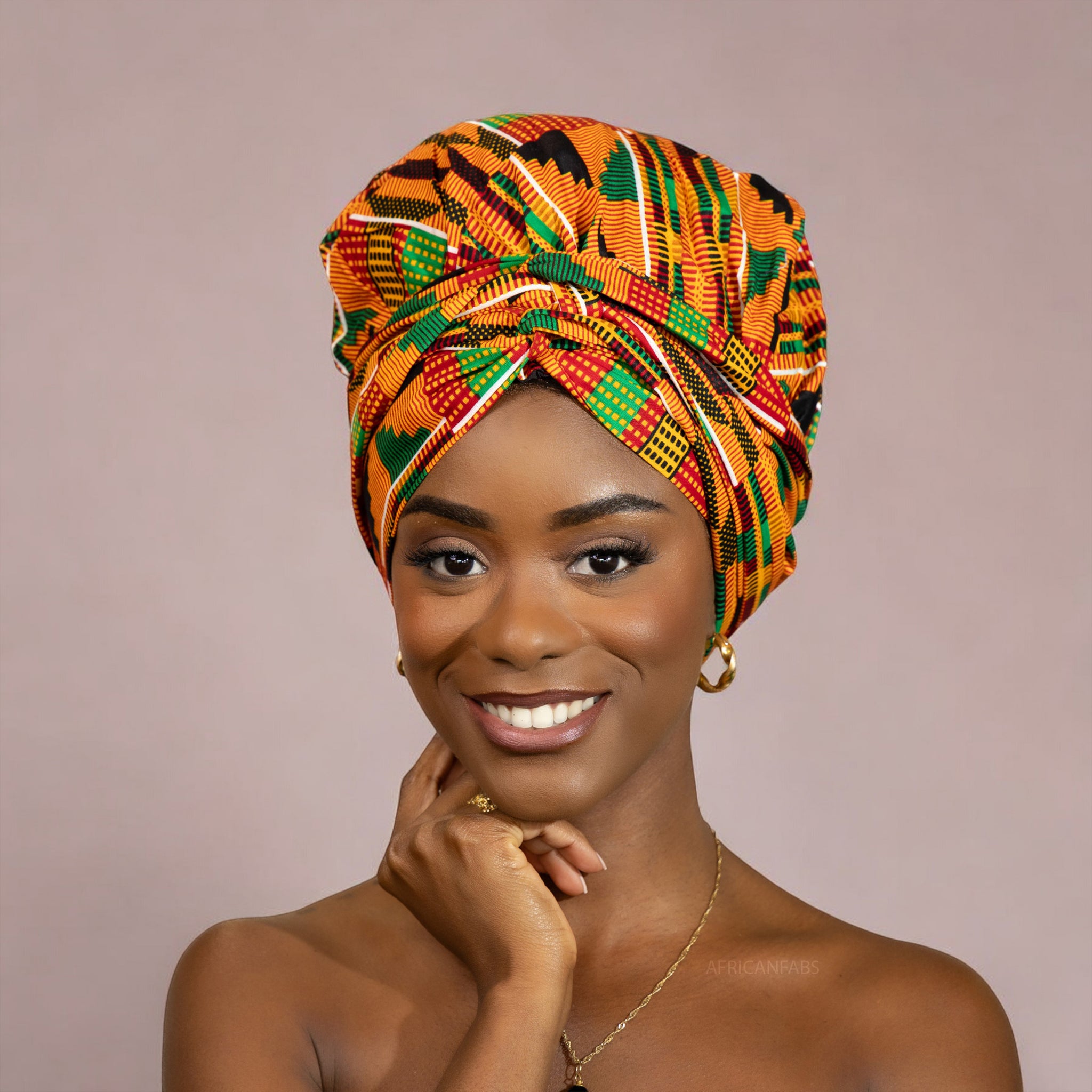 Easy headwrap / einfaches Kopftuch - Satinfutter - Kente Orange / Grün