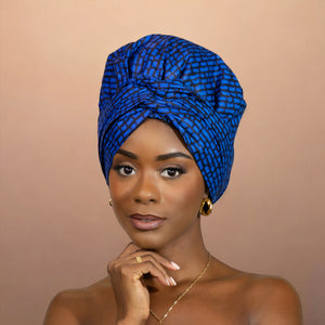 Easy headwrap / einfaches Kopftuch - Satinfutter - Blau blocks