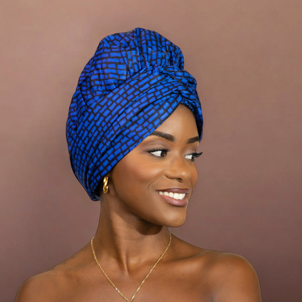 Easy headwrap / einfaches Kopftuch - Satinfutter - Blau blocks