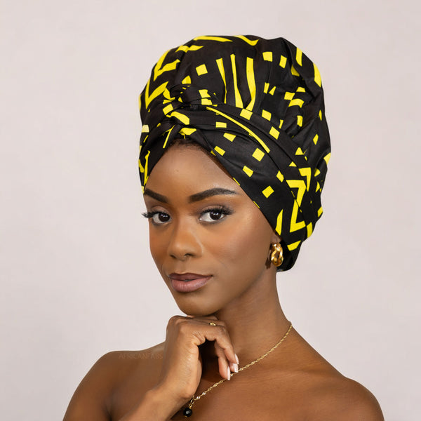 Easy headwrap / einfaches Kopftuch - Satinfutter - Schwarz / gelb