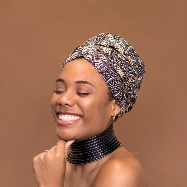 Easy headwrap / einfaches Kopftuch - Satinfutter - Schwarz/Beige Starflower