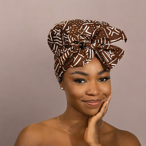 Easy headwrap / einfaches Kopftuch - Satinfutter - Braun X Bogolan