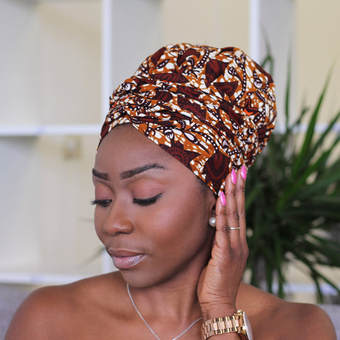 Easy headwrap / einfaches Kopftuch - Satinfutter - Braun / orange leaf trails