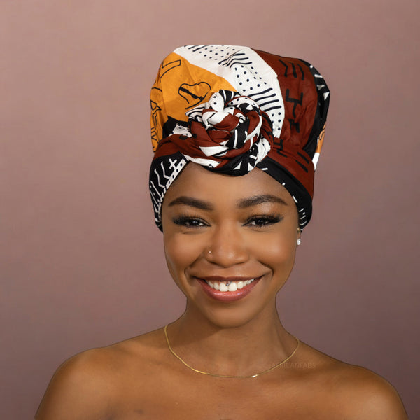 Easy headwrap / einfaches Kopftuch - Satinfutter - Dunkelbraun / Gelb Bogolan Symbols