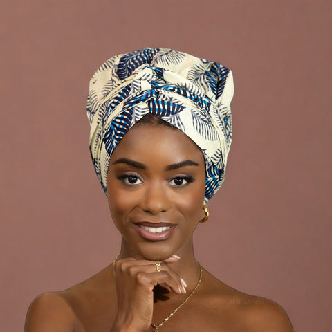 Easy headwrap / einfaches Kopftuch - Satinfutter -  Blaue/weiße Blume