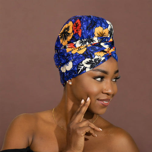 Easy headwrap / einfaches Kopftuch - Satinfutter -  Blaue Blume