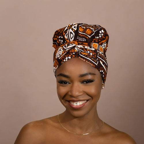 Easy headwrap / einfaches Kopftuch - Satinfutter - Braune Muster Bogolan