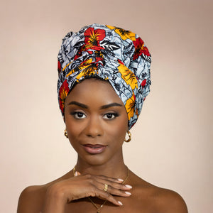 Easy headwrap / einfaches Kopftuch - Satinfutter - Hellgrau Flowers