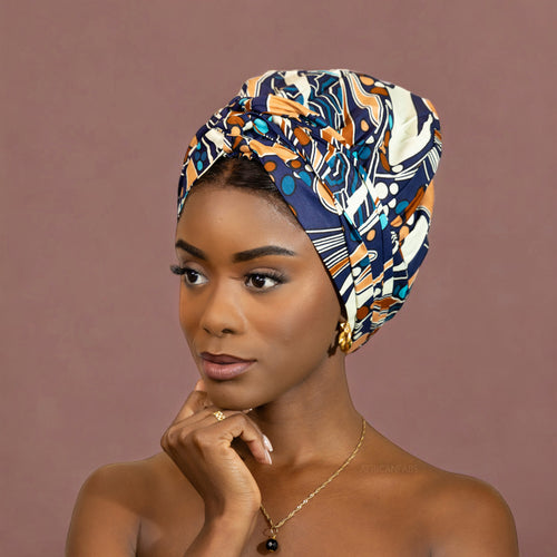 Easy headwrap / einfaches Kopftuch - Satinfutter - Blau / braun