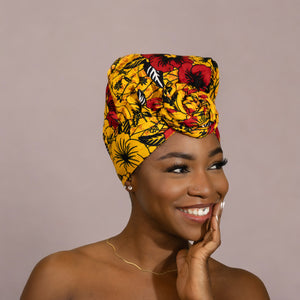 Easy headwrap / einfaches Kopftuch - Satinfutter - Gelb Flowers