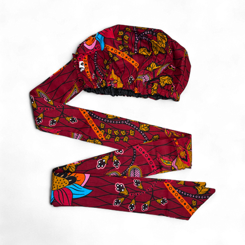 Easy headwrap / einfaches Kopftuch - Satinfutter -  Dunkelrot & Gelb Botanical Flow