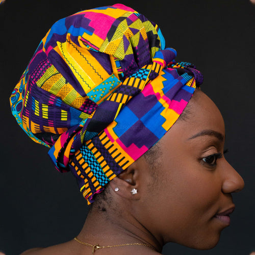 Easy headwrap / einfaches Kopftuch - Satinfutter - Multicolor  Kente Lila