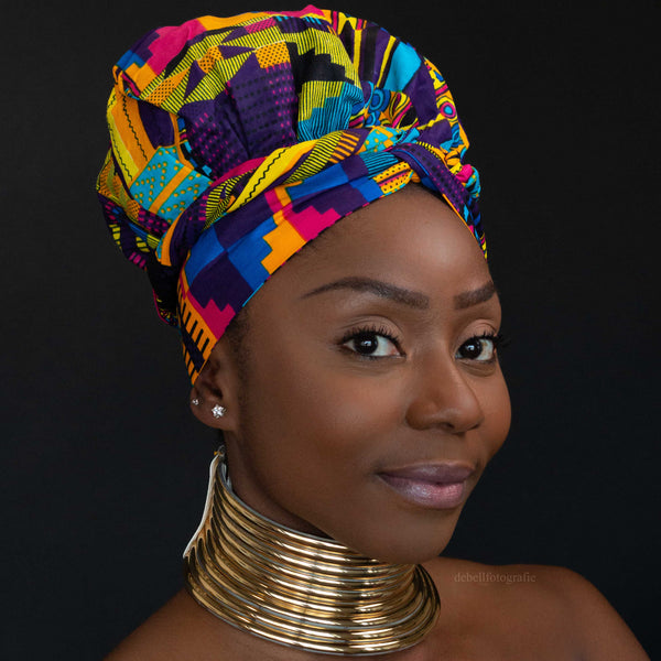 Easy headwrap / einfaches Kopftuch - Satinfutter - Multicolor  Kente Lila