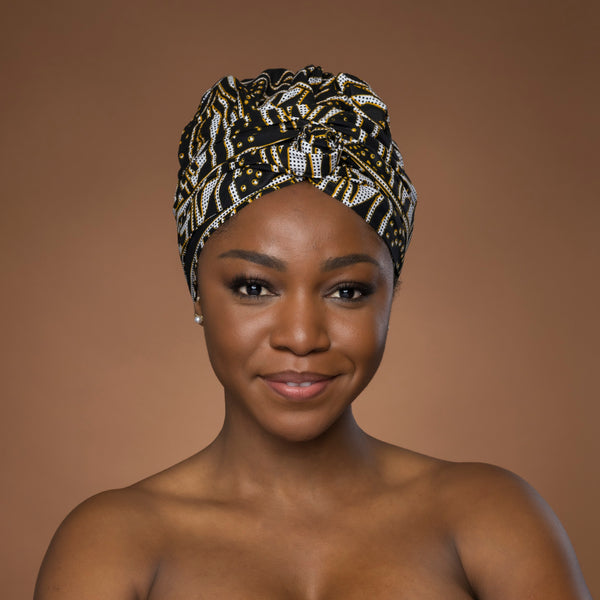 Easy headwrap / einfaches Kopftuch - Satinfutter - Schwarz Gelb Ndop Kamerun