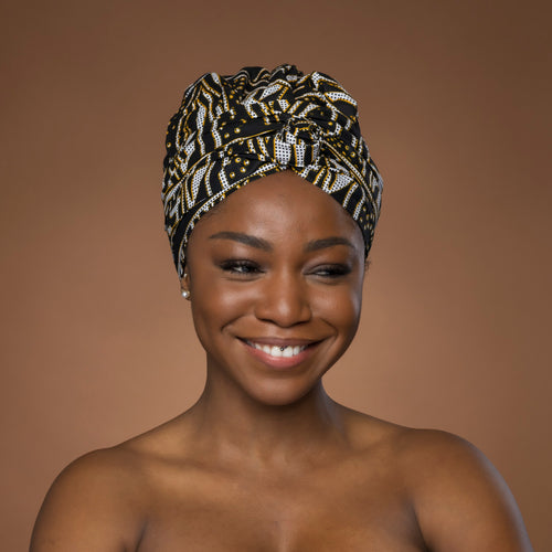 Easy headwrap / einfaches Kopftuch - Satinfutter - Schwarz Gelb Ndop Kamerun