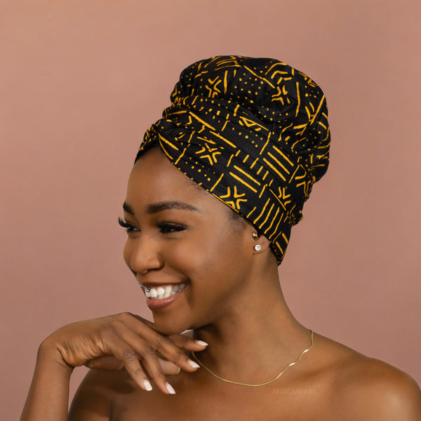 Easy headwrap / einfaches Kopftuch - Satinfutter - Schwarz / gelb Bogolan