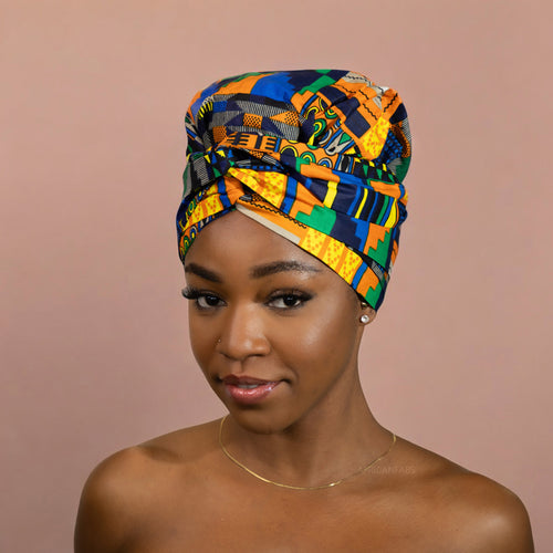 Easy headwrap / einfaches Kopftuch - Satinfutter - Kente Gelb 2