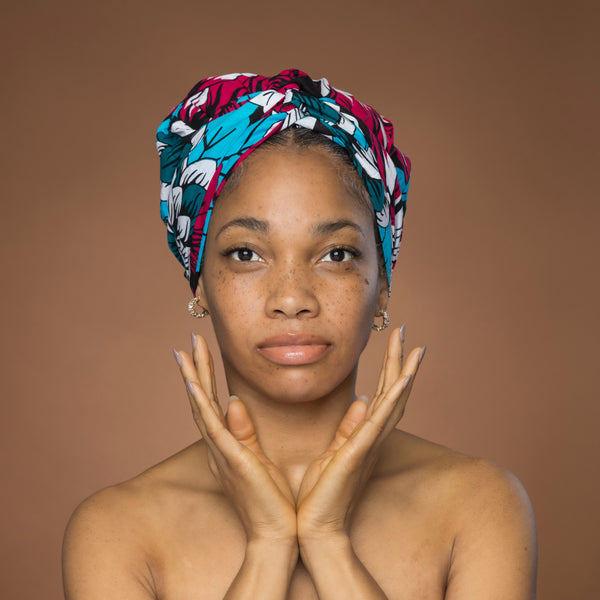 Easy headwrap / einfaches Kopftuch - Satinfutter -  Rosa & Teal Blumen