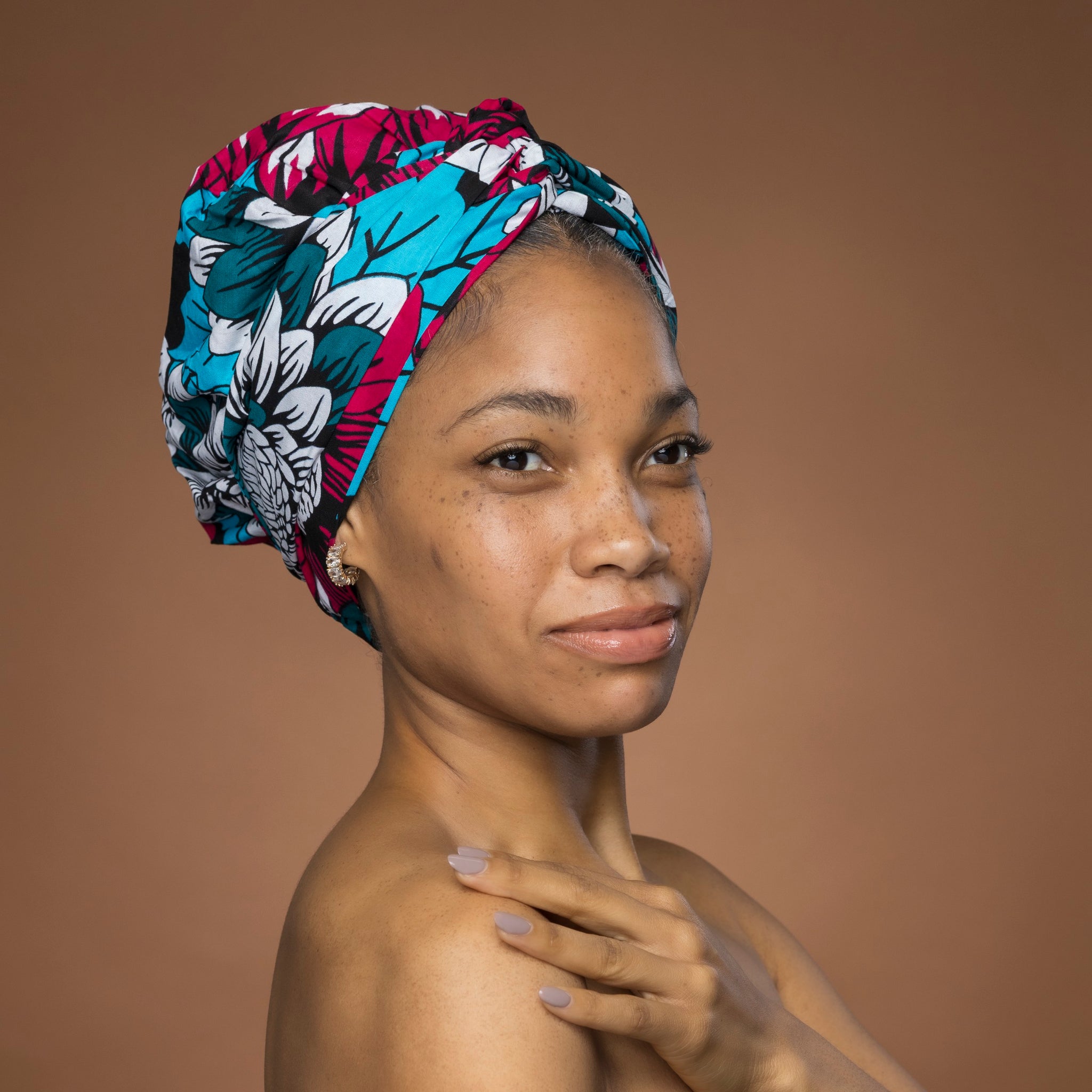 Easy headwrap / einfaches Kopftuch - Satinfutter -  Rosa & Teal Blumen