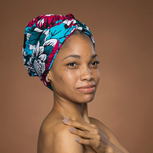 Easy headwrap / einfaches Kopftuch - Satinfutter -  Rosa & Teal Blumen