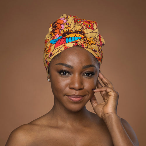 Easy headwrap / einfaches Kopftuch - Satinfutter -  Beige & Orange Botanical Flow