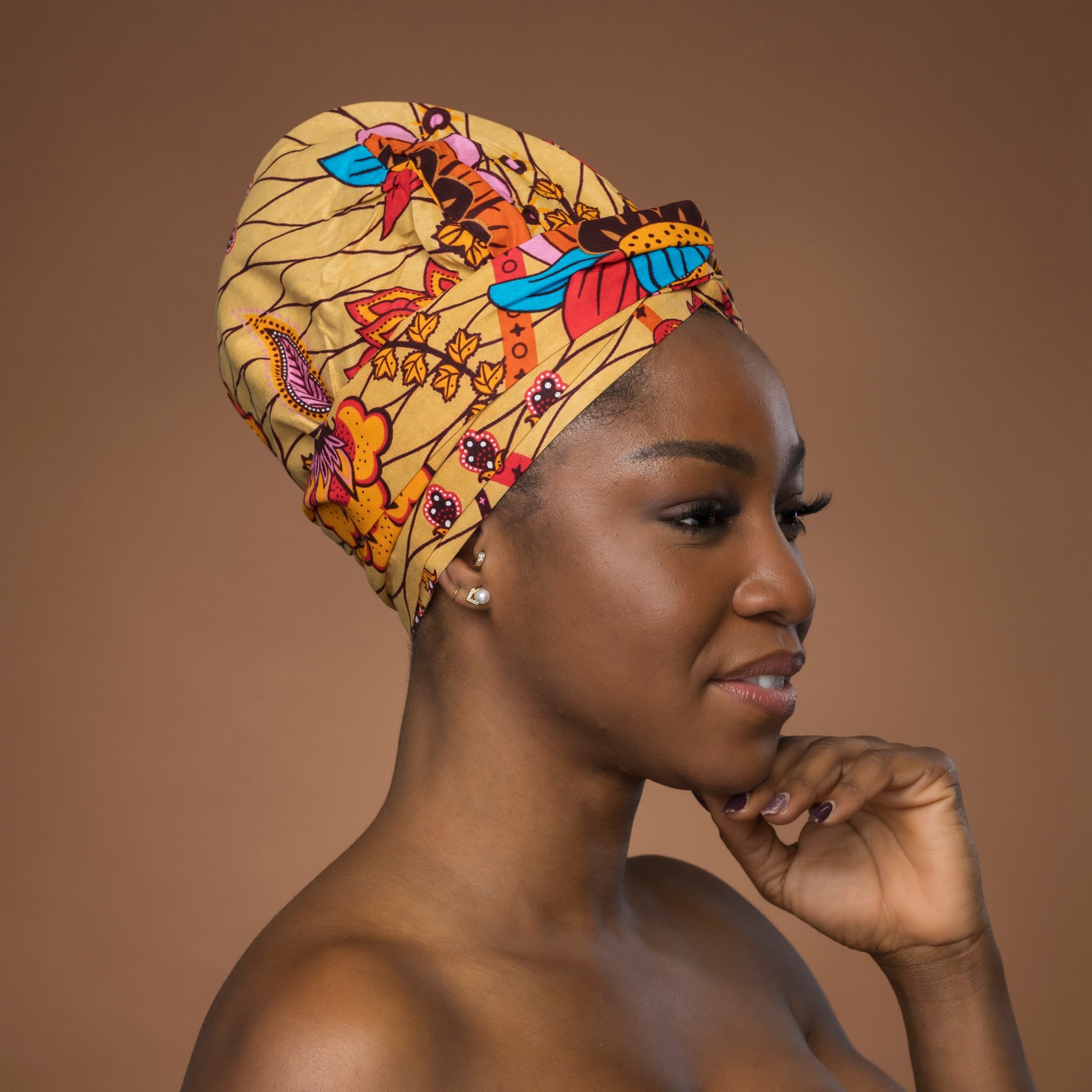 Easy headwrap / einfaches Kopftuch - Satinfutter -  Beige & Orange Botanical Flow
