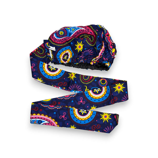 Easy headwrap / einfaches Kopftuch - Satinfutter - Blau Rosa Paisley