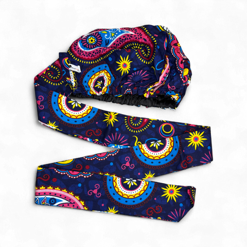 Easy headwrap / einfaches Kopftuch - Satinfutter - Blau Rosa Paisley