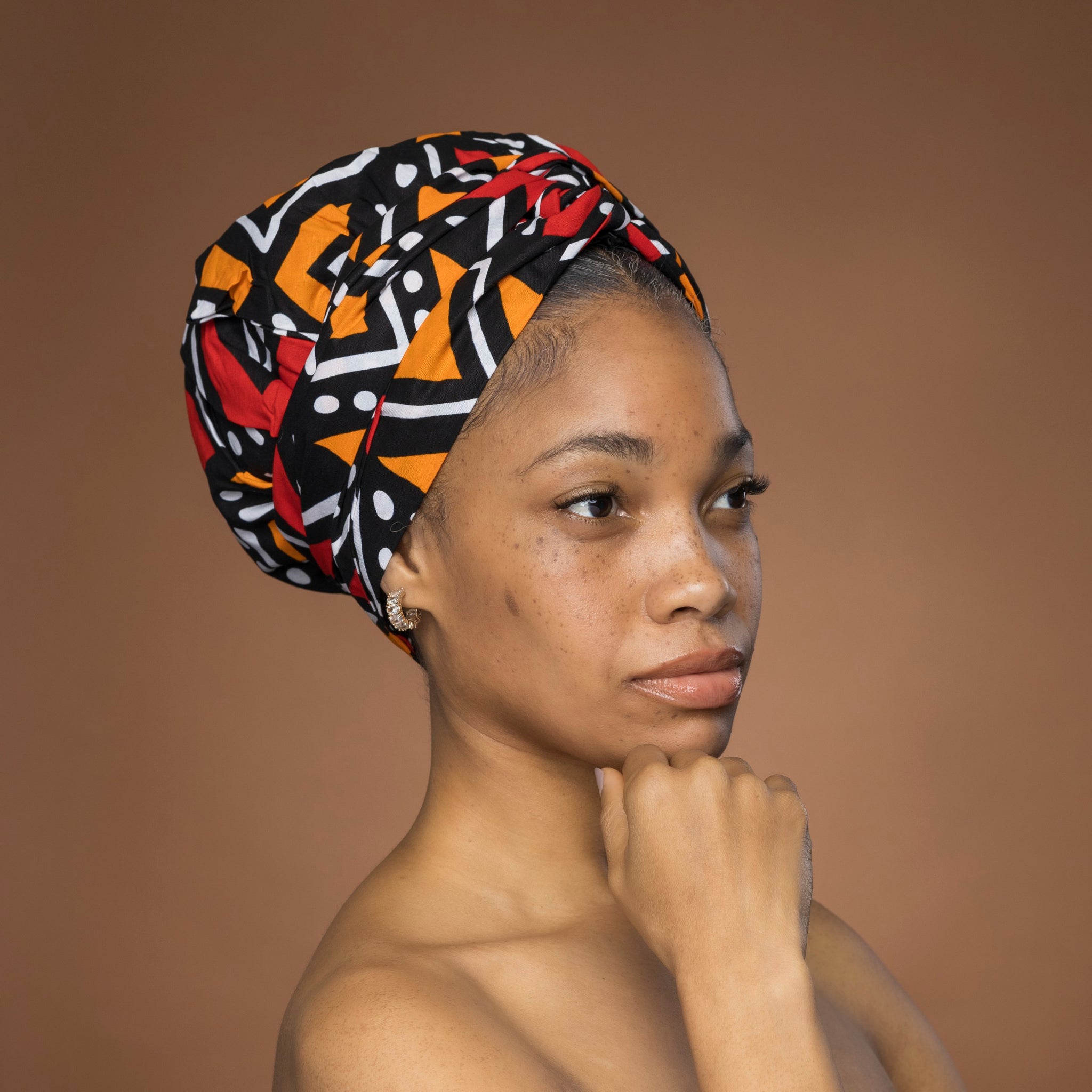 Easy headwrap / einfaches Kopftuch - Satinfutter - Rot und Orange Bogolan