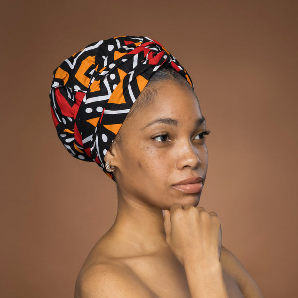 Easy headwrap / einfaches Kopftuch - Satinfutter - Rot und Orange Bogolan