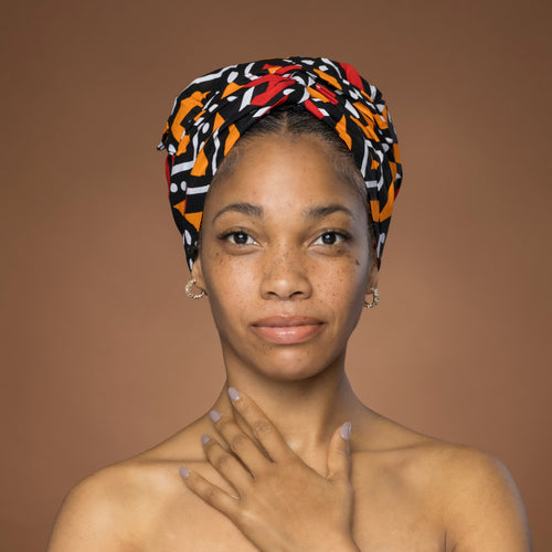 Easy headwrap / einfaches Kopftuch - Satinfutter - Rot und Orange Bogolan