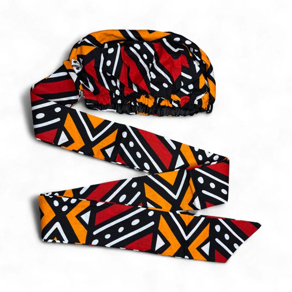 Easy headwrap / einfaches Kopftuch - Satinfutter - Rot und Orange Bogolan