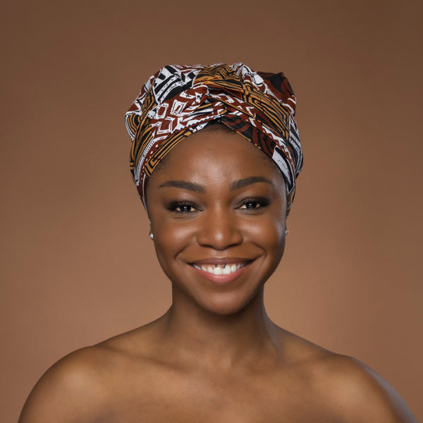 Easy headwrap / einfaches Kopftuch - Satinfutter - Braun Bogolan Mosaik