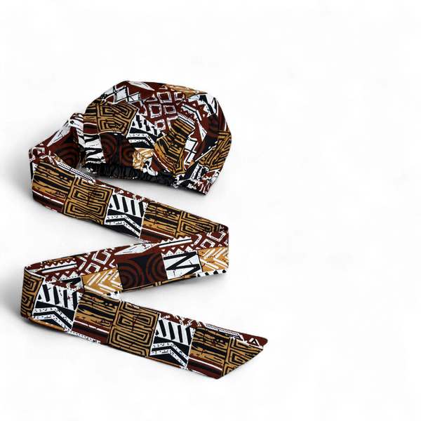 Easy headwrap / einfaches Kopftuch - Satinfutter - Braun Bogolan Mosaik