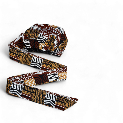 Easy headwrap / einfaches Kopftuch - Satinfutter - Braun Bogolan Mosaik